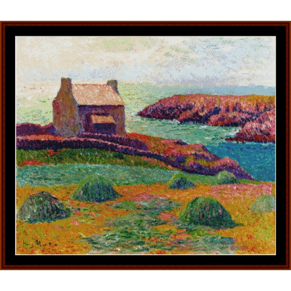 Counted Cross Stitch Pattern by Cross Stitch Collectibles of a coastal landscape with a house and cliffs, using a pointillist style.