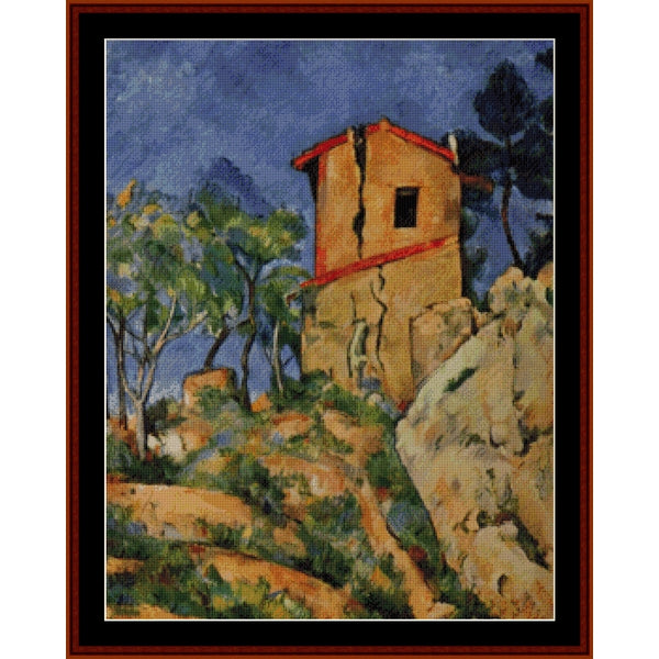Counted Cross Stitch Pattern by Cross Stitch Collectibles of a rustic building with a red roof in a landscape setting.