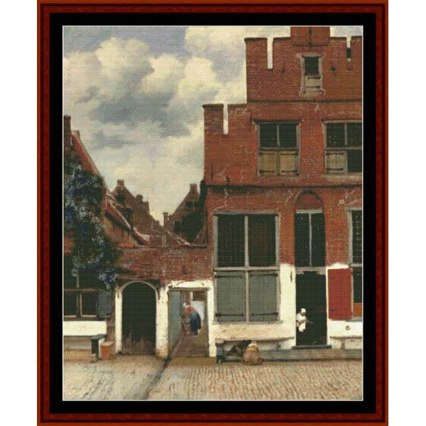Counted Cross Stitch Pattern by Cross Stitch Collectibles of a street scene with a red brick building and people walking.