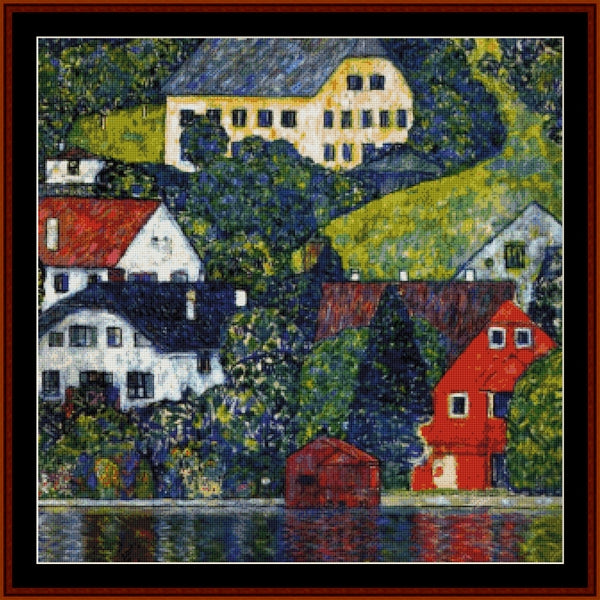 Colorful village scene with houses and a lake - Counted Cross Stitch Pattern by Cross Stitch Collectibles