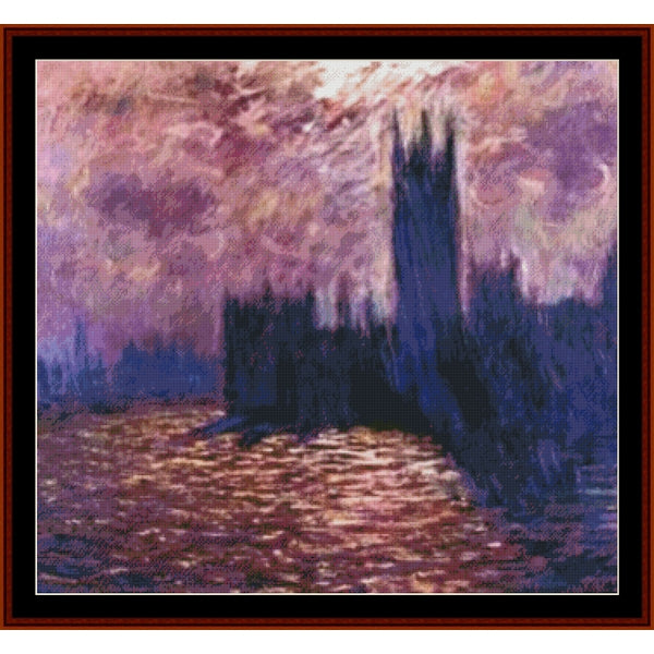 Counted Cross Stitch Pattern by Cross Stitch Collectibles of the Houses of Parlimanet under a purple sky with clouds