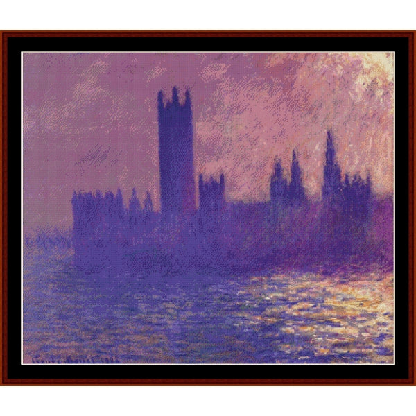 Counted Cross Stitch Pattern by Cross Stitch Collectibles of a Houses of Parliament against a purple sky with water reflection.