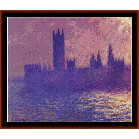 Counted Cross Stitch Pattern by Cross Stitch Collectibles of a Houses of Parliament against a purple sky with water reflection.