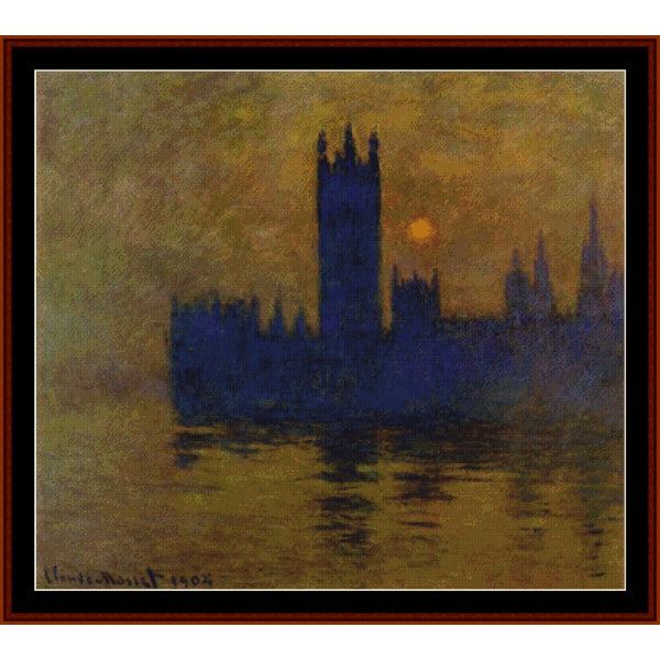 Counted Cross Stitch Pattern by Cross Stitch Collectibles of a cityscape at night with the Houses of Parliament, reflected in water.