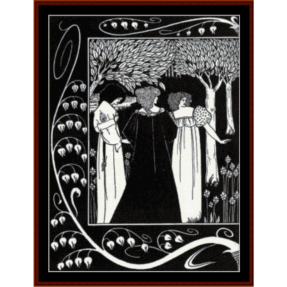 Art Nouveau-style Counted Cross Stitch Pattern by Cross Stitch Collectiblesof three people in a forest with decorative border