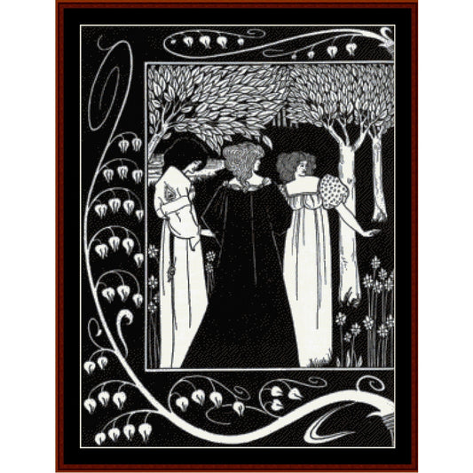Art Nouveau-style Counted Cross Stitch Pattern by Cross Stitch Collectiblesof three people in a forest with decorative border