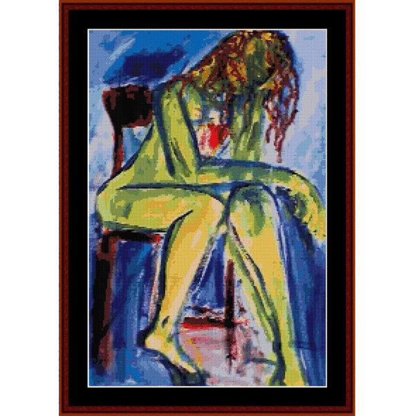 Colorful abstract Counted Cross Stitch Pattern by Cross Stitch Collectibles of a figure sitting in a chair, with a brown frame