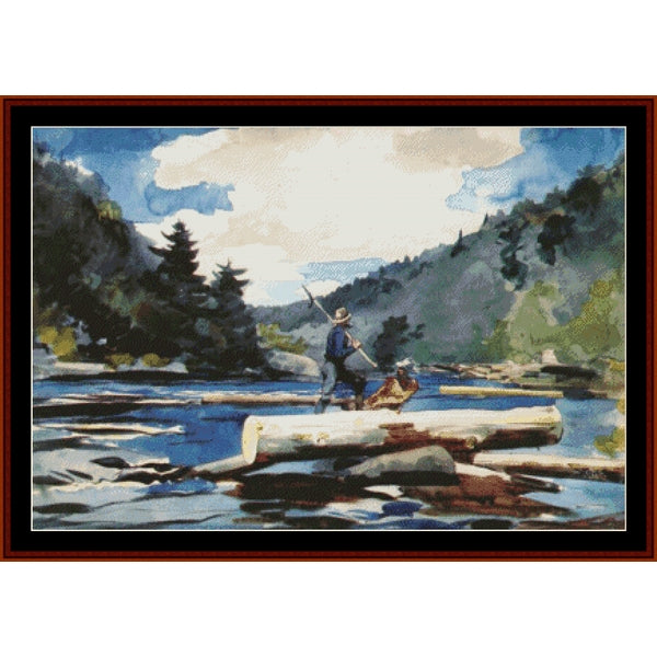 Counted Cross Stitch Pattern by Cross Stitch Collectibles of two men working with logs by a river surrounded by trees