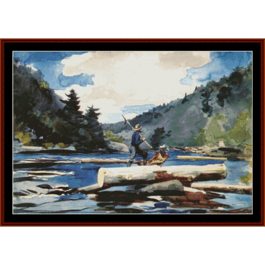 Counted Cross Stitch Pattern by Cross Stitch Collectibles of two men working with logs by a river surrounded by trees