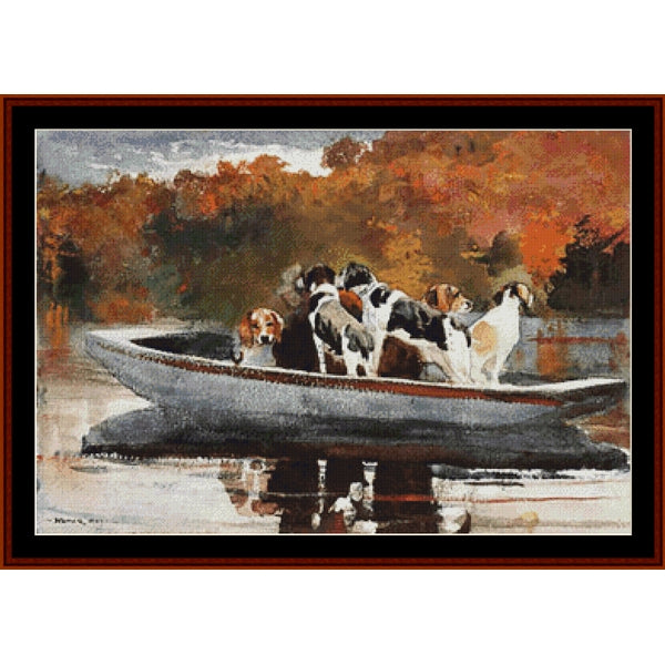 Counted Cross Stitch Pattern by Cross Stitch Collectibles of dogs in a boat on a lake with autumn trees in the background