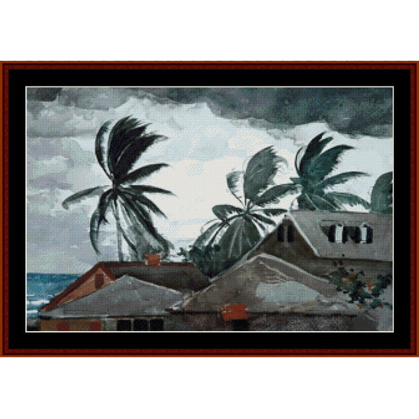 Counted Cross Stitch Pattern by Cross Stitch Collectibles of houses and palm trees with a stormy sky.