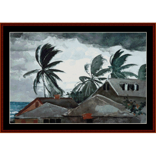 Counted Cross Stitch Pattern by Cross Stitch Collectibles of houses and palm trees with a stormy sky.