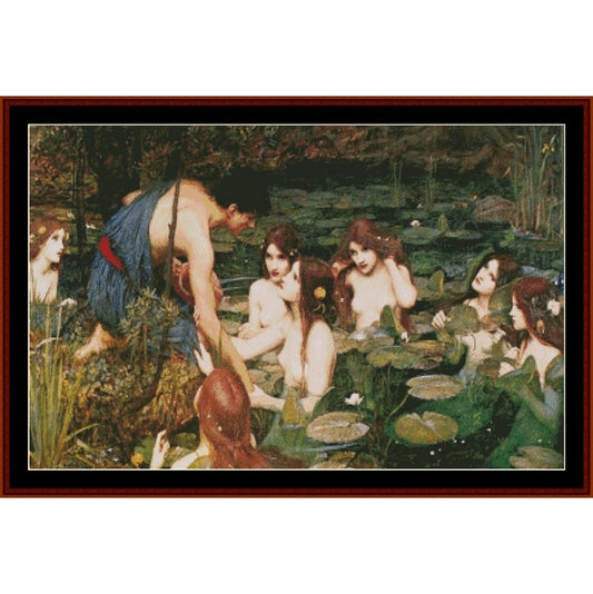 Counted Cross Stitch Pattern by Cross Stitch Collectibles of a man interacting with nymphs by a pond