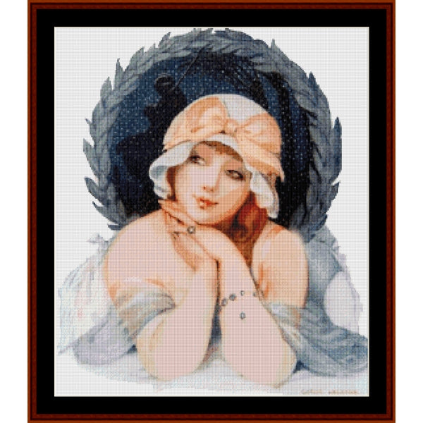 Counted Cross Stitch Pattern by Cross Stitch Collectibles of a woman with a large feathered hat on a white background