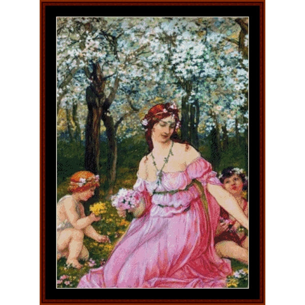 Woman in a pink dress with children in a garden setting - Counted Cross Stitch Pattern by Cross Stitch Collectibles