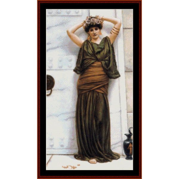 Counted Cross Stitch Pattern by Cross Stitch Collectibles of a classical woman in a green dress against a white wall.