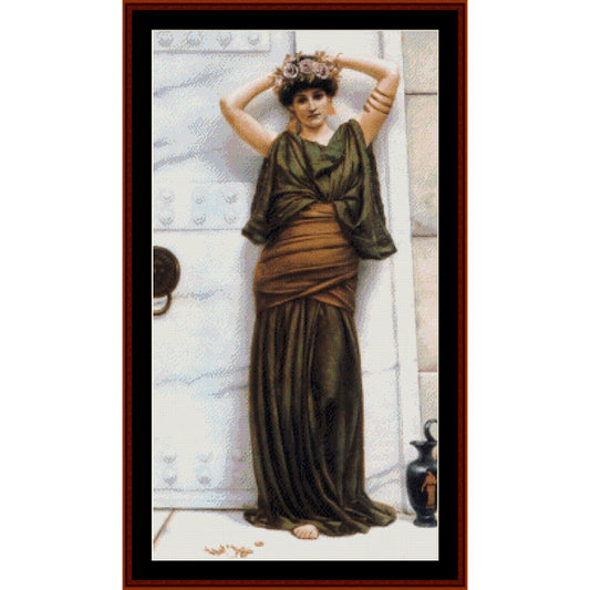 Counted Cross Stitch Pattern by Cross Stitch Collectibles of a classical woman in a green dress against a white wall.