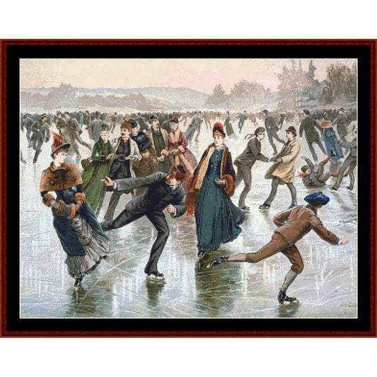 Vintage-style Counted Cross Stitch Pattern by Cross Stitch Collectibles of people ice skating on a frozen lake.