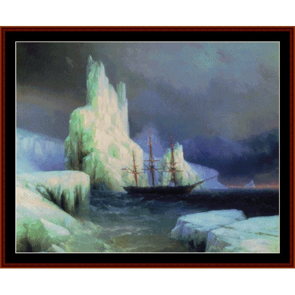 Counted Cross Stitch Pattern by Cross Stitch Collectibles of a ship navigating through icy waters with icebergs and dark clouds.
