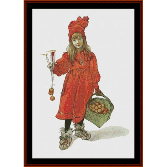 Counted Cross Stitch Pattern by Cross Stitch Collectibles of a girl in a red coat and hat holding a basket of apples and a candlestick.