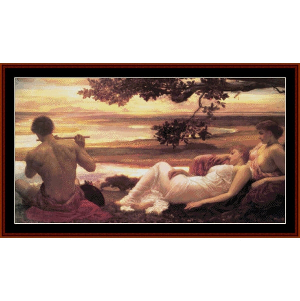 Counted Cross Stitch Pattern by Cross Stitch Collectibles of a man playing a flute for two women by a lake at sunset.