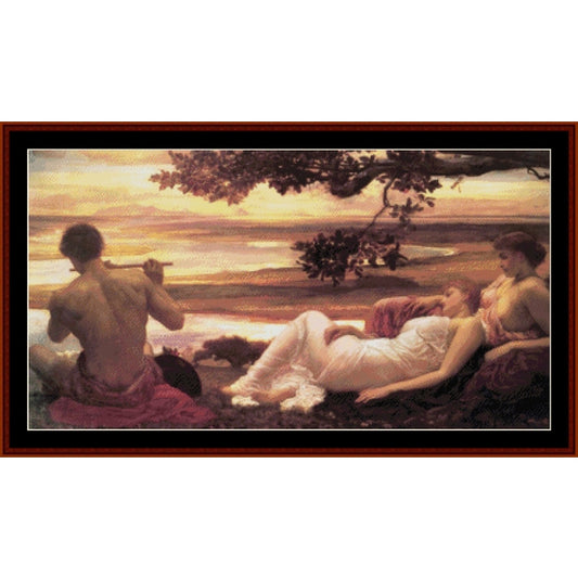 Counted Cross Stitch Pattern by Cross Stitch Collectibles of a man playing a flute for two women by a lake at sunset.