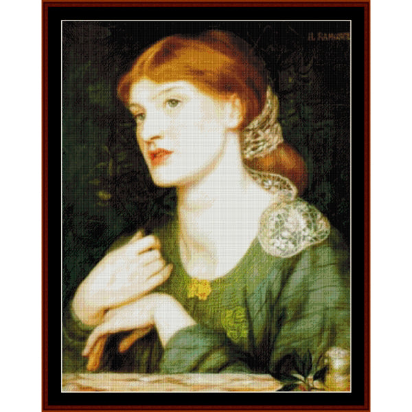 Counted Cross Stitch Pattern by Cross Stitch Collectibles of a woman with red hair and green dress, framed by a dark background