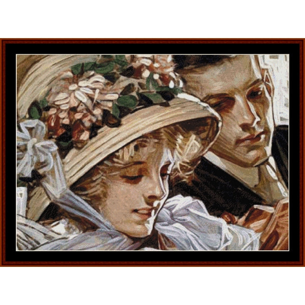 Counted Cross Stitch Pattern by Cross Stitch Collectibles of a woman with a floral headpiece and a man in formal attire.