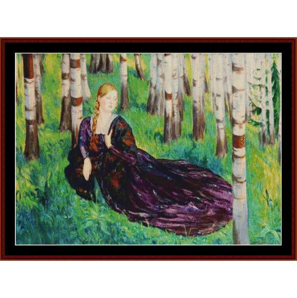 Counted Cross Stitch Pattern by Cross Stitch Collectibles - Woman in a purple dress sitting among birch trees in a forest