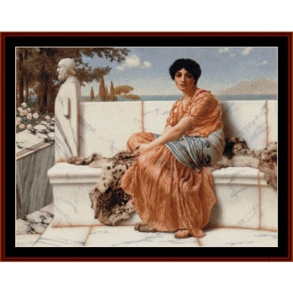 Counted Cross Stitch Pattern by Cross Stitch Collectibles - Woman in an orange dress sitting on a marble bench with a scenic background