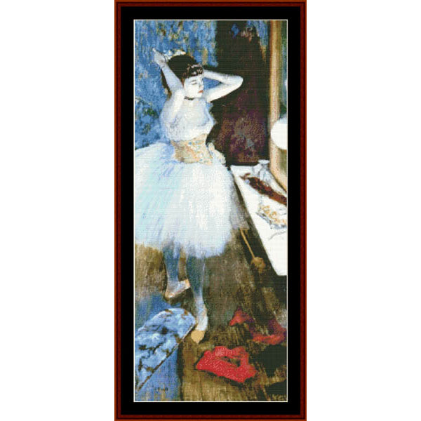 Counted Cross Stitch Pattern by Cross Stitch Collectibles of a dancer in a white tutu against a dark background