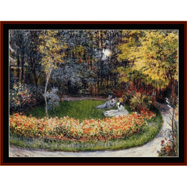 Counted Cross Stitch Pattern by Cross Stitch Collectibles of a park scene with flowers and people, framed by a dark border.