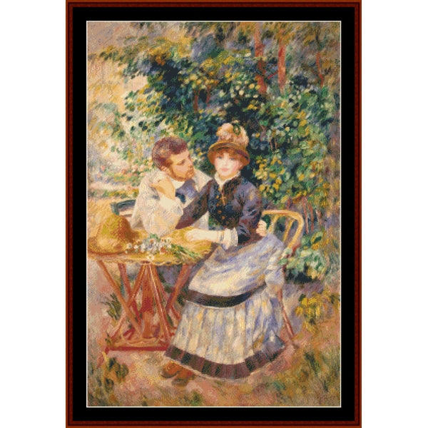 Counted Cross Stitch Pattern by Cross Stitch Collectibles of two women sitting at a table outdoors with greenery in the background