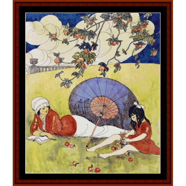 Counted Cross Stitch Pattern by Cross Stitch Collectibles of two women under a tree with fruit, holding an umbrella.