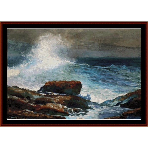 Counted Cross Stitch Pattern by Cross Stitch Collectibles of a stormy sea with waves crashing against rocks, framed by a dark border.