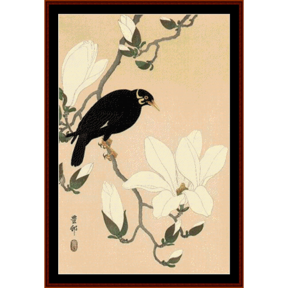 Traditional Japanese Counted Cross Stitch Pattern by Cross Stitch Collectibles of a black bird on a branch with white flowers