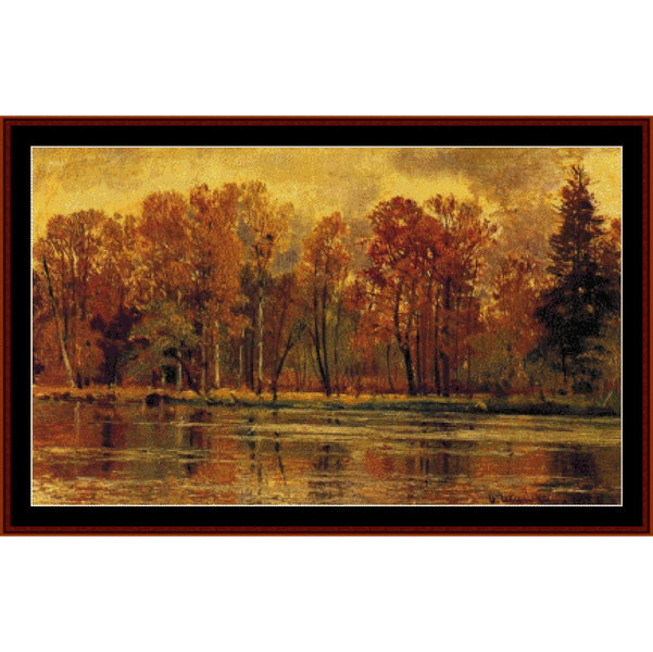 Counted Cross Stitch Pattern by Cross Stitch Collectibles of a forest scene with trees reflected in water, framed with a dark border.