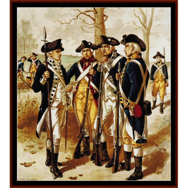 Counted Cross Stitch Pattern by Cross Stitch Collectibles of Revolutionary War-era soldiers in a forest setting