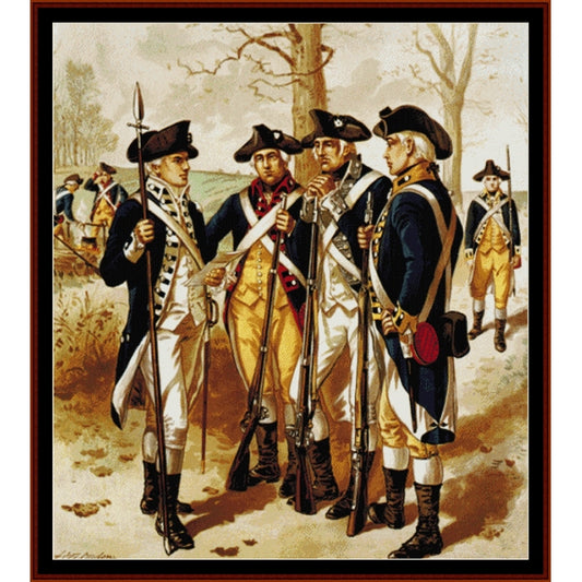 Counted Cross Stitch Pattern by Cross Stitch Collectibles of Revolutionary War-era soldiers in a forest setting