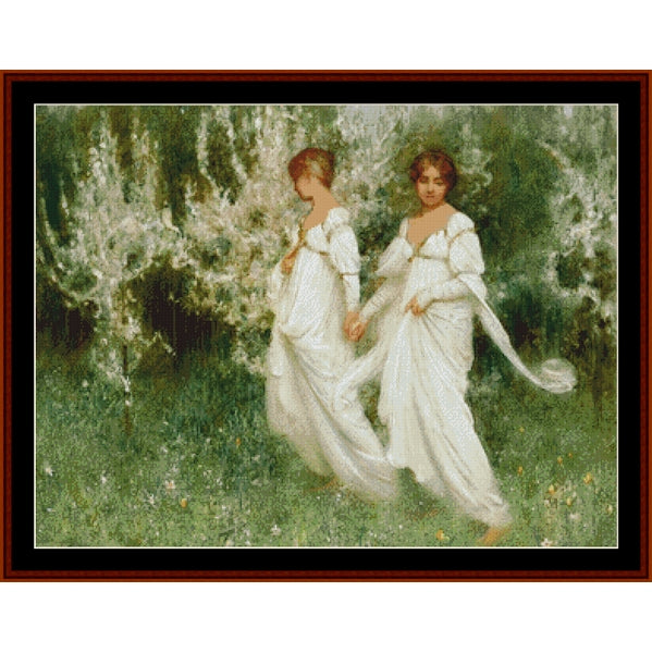 Counted Cross Stitch Pattern by Cross Stitch Collectibles - Two women in white dresses walking through a forest with a waterfall in the background.