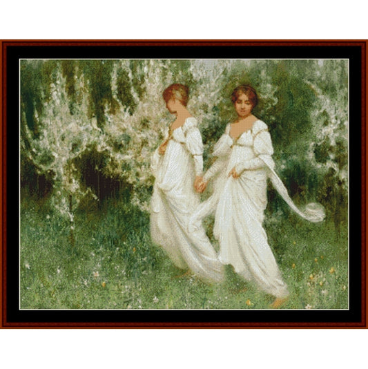 Counted Cross Stitch Pattern by Cross Stitch Collectibles - Two women in white dresses walking through a forest with a waterfall in the background.