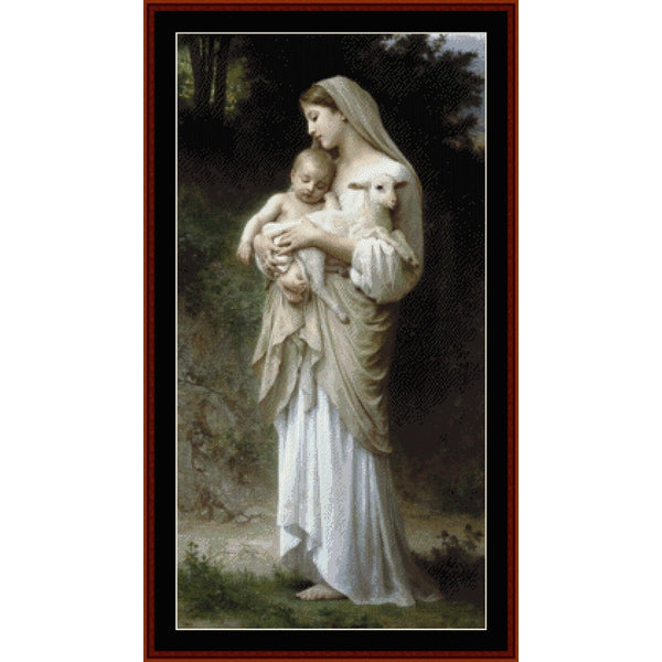 Counted Cross Stitch Pattern by Cross Stitch Collectibles of a woman holding a child and a lamb in a natural setting
