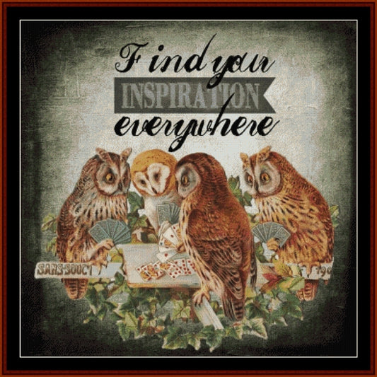 Counted Cross Stitch Pattern by Cross Stitch Collectibles - Four owls around a table with playing cards, text 'Find your inspiration everywhere', on a textured background.