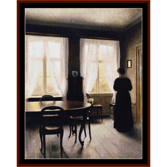 Counted Cross Stitch Pattern by Cross Stitch Collectibles of a woman in a room with large windows and a dining table.