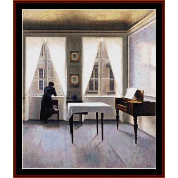 Counted Cross Stitch Pattern by Cross Stitch Collectibles of a room with a woman at a desk and a piano.