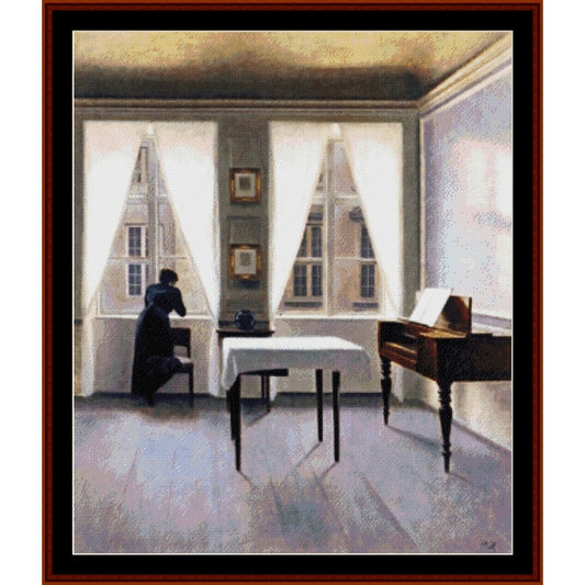 Counted Cross Stitch Pattern by Cross Stitch Collectibles of a room with a woman at a desk and a piano.