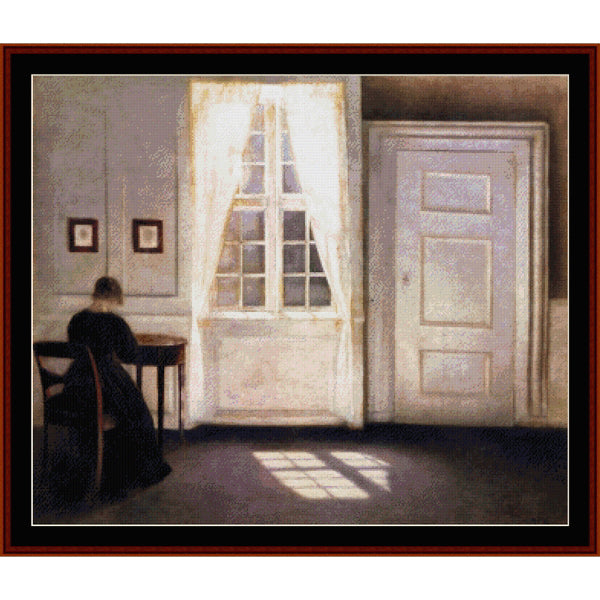 Counted Cross Stitch Pattern by Cross Stitch Collectibles - woman sitting at a table by a window in a room with a door.