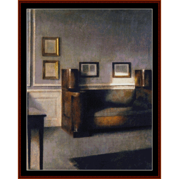 Counted Cross Stitch Pattern by Cross Stitch Collectibles - Room interior with a piano and framed pictures on the wall