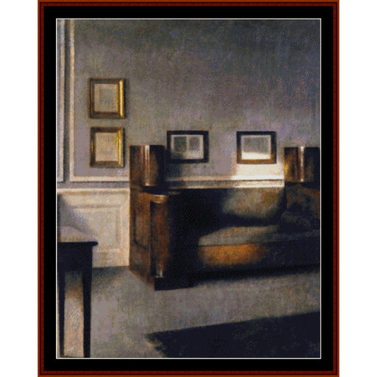 Counted Cross Stitch Pattern by Cross Stitch Collectibles - Room interior with a piano and framed pictures on the wall