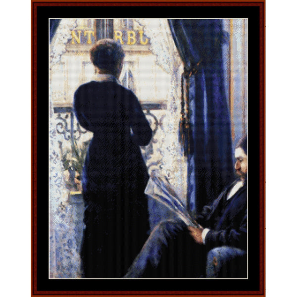 Counted Cross Stitch Pattern by Cross Stitch Collectibles of a woman standing and a man sitting, with a blue curtain and tiled wall in the background.